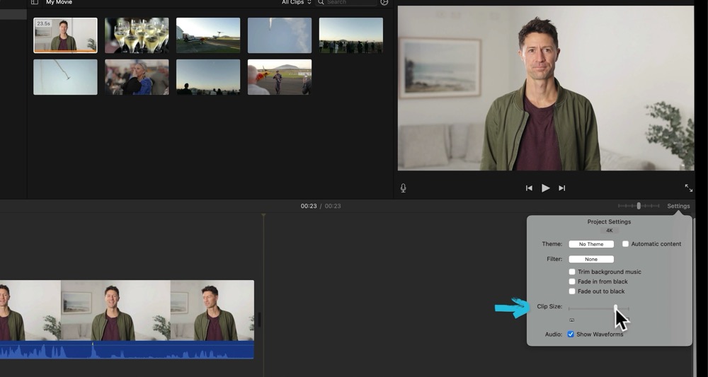 Project Settings in iMovie where you change the clip size, filters, and enable waveforms in your project