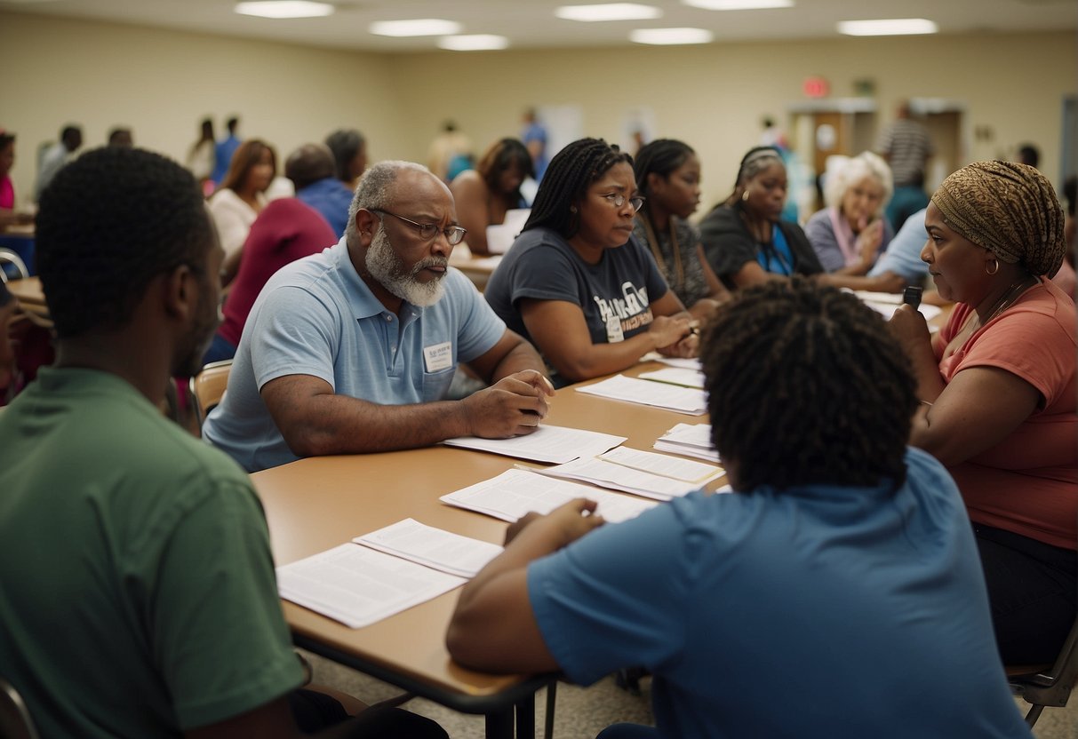 A diverse group of people gather in a community center, seeking resources and support to address the challenges of foreclosure. Tables are filled with informational pamphlets and volunteers are busy assisting attendees