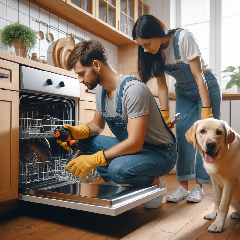 This image shows the men and women Repairing the Dishwasher with a dog near them,
Dishwasher Repair Strategies 