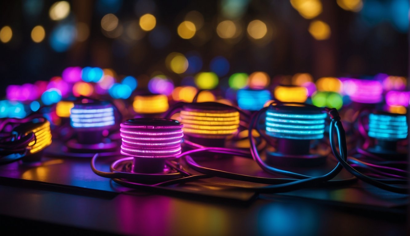 Vibrant LED neon lights illuminate a lively party scene, casting a colorful glow on the dance floor and creating a festive atmosphere