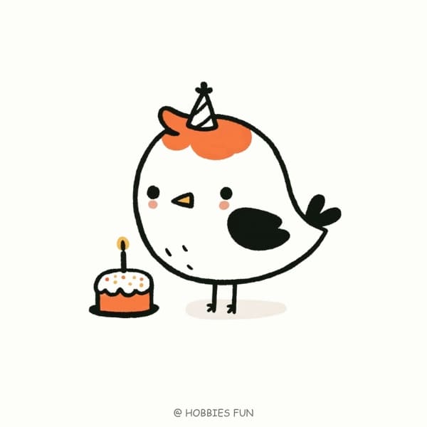 Cute bird drawing, Bird with a Birthday Cake