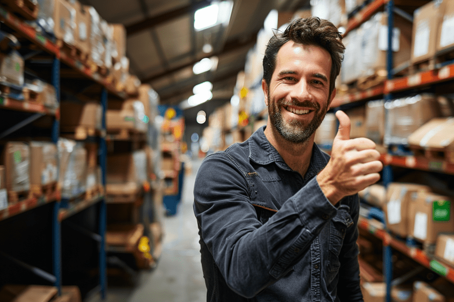 Warehouse manager smiling and shows thumbs up
