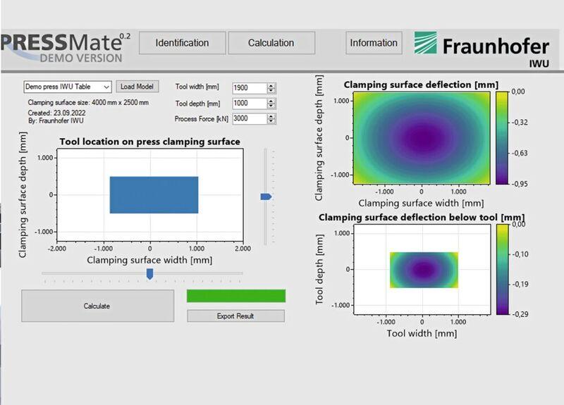 Demo version: Pressmate demonstrates the elastic deformation behaviour of the machine and tools for a data-based design process. (Source: Fraunhofer-IWU)