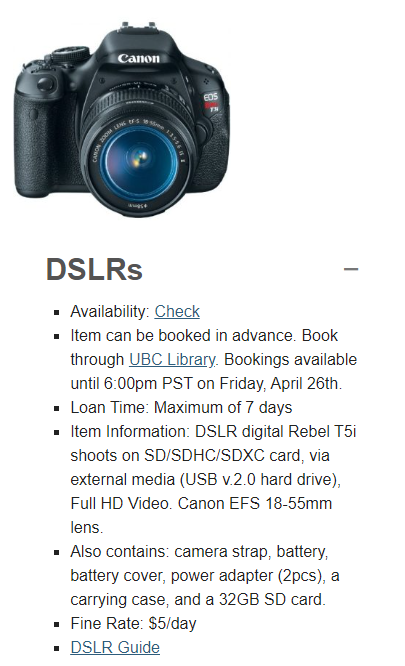 Screenshot from learning commons website. Image of a black DSLR camera above a bulleted list of details about the camera.