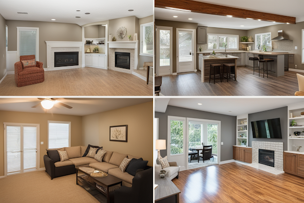 Before and After of a renovated living space, showing the transformation from cramped to open-concept