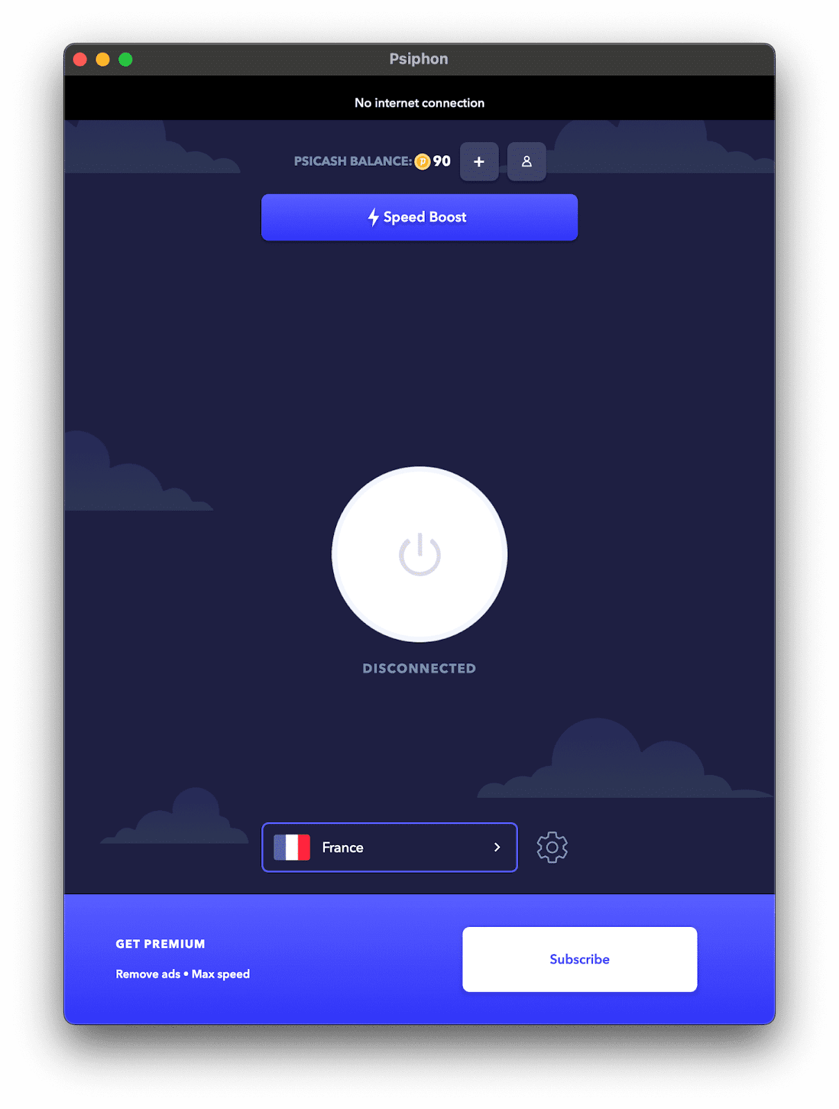 The main screen of the Psiphon software for macOS