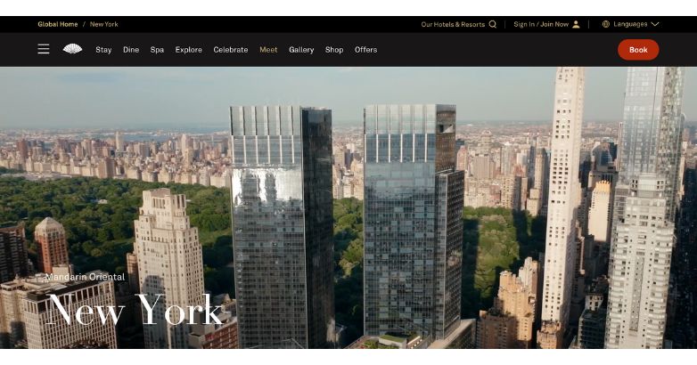 The home page of the luxury Mandarin Oriental hotel website has been optimized for New York travel SEO keywords