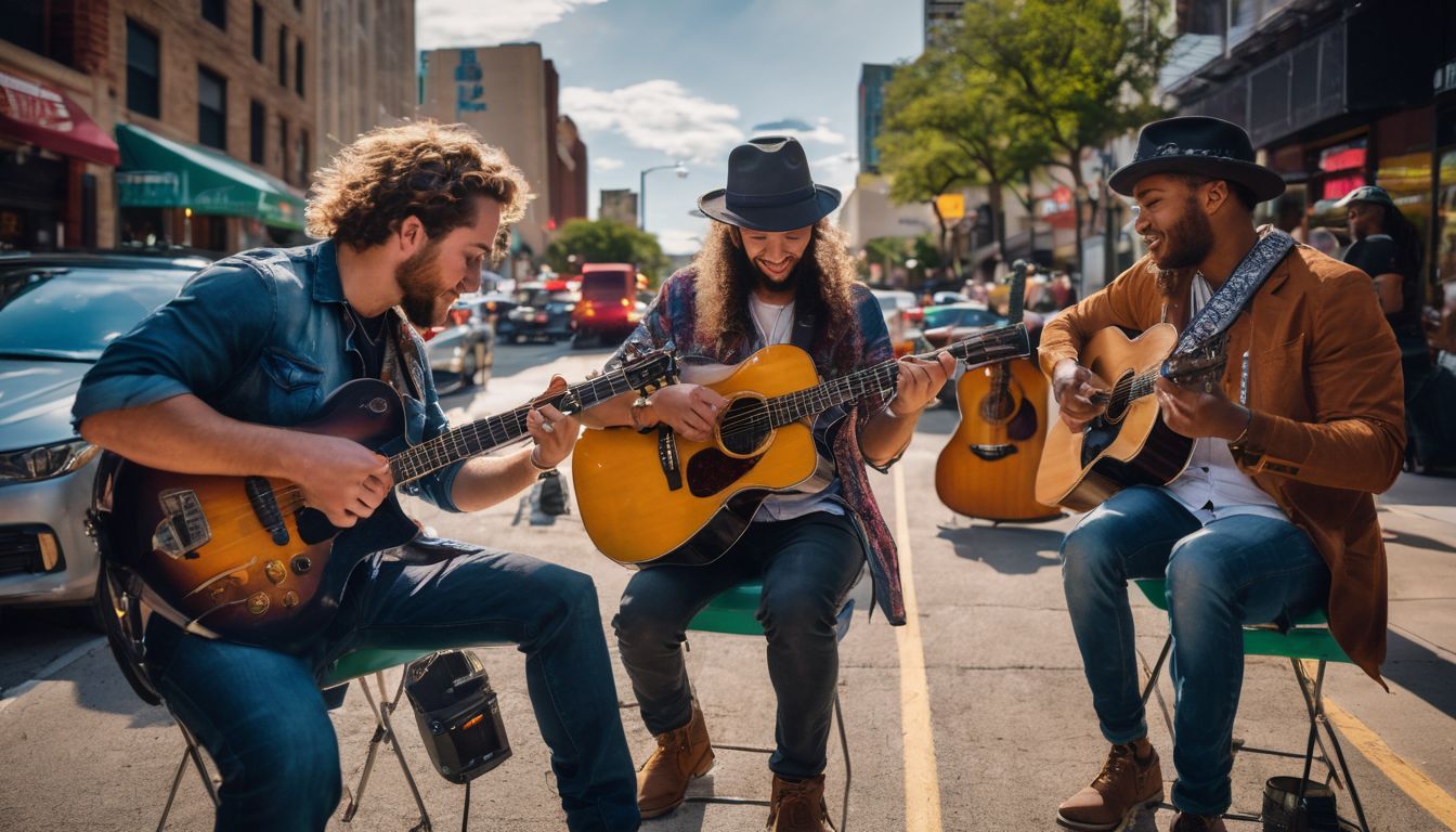 A diverse group of musicians performing on a busy Austin street.