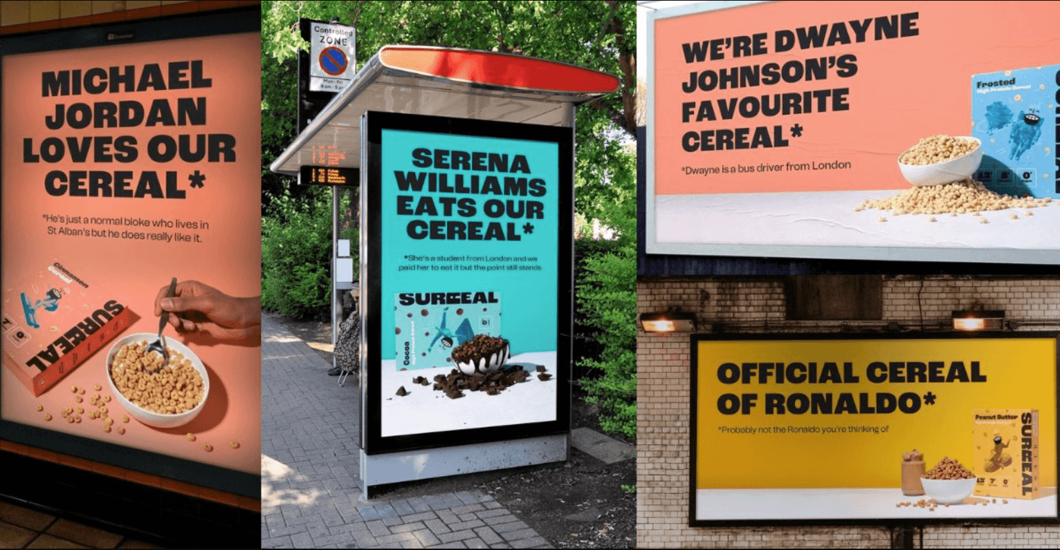 Photos of Surreal's billboards, including one that reads "Michael Jordan loves our cereal* ... *He's just a normal bloke who lives in St Alban's, but he really does like it."