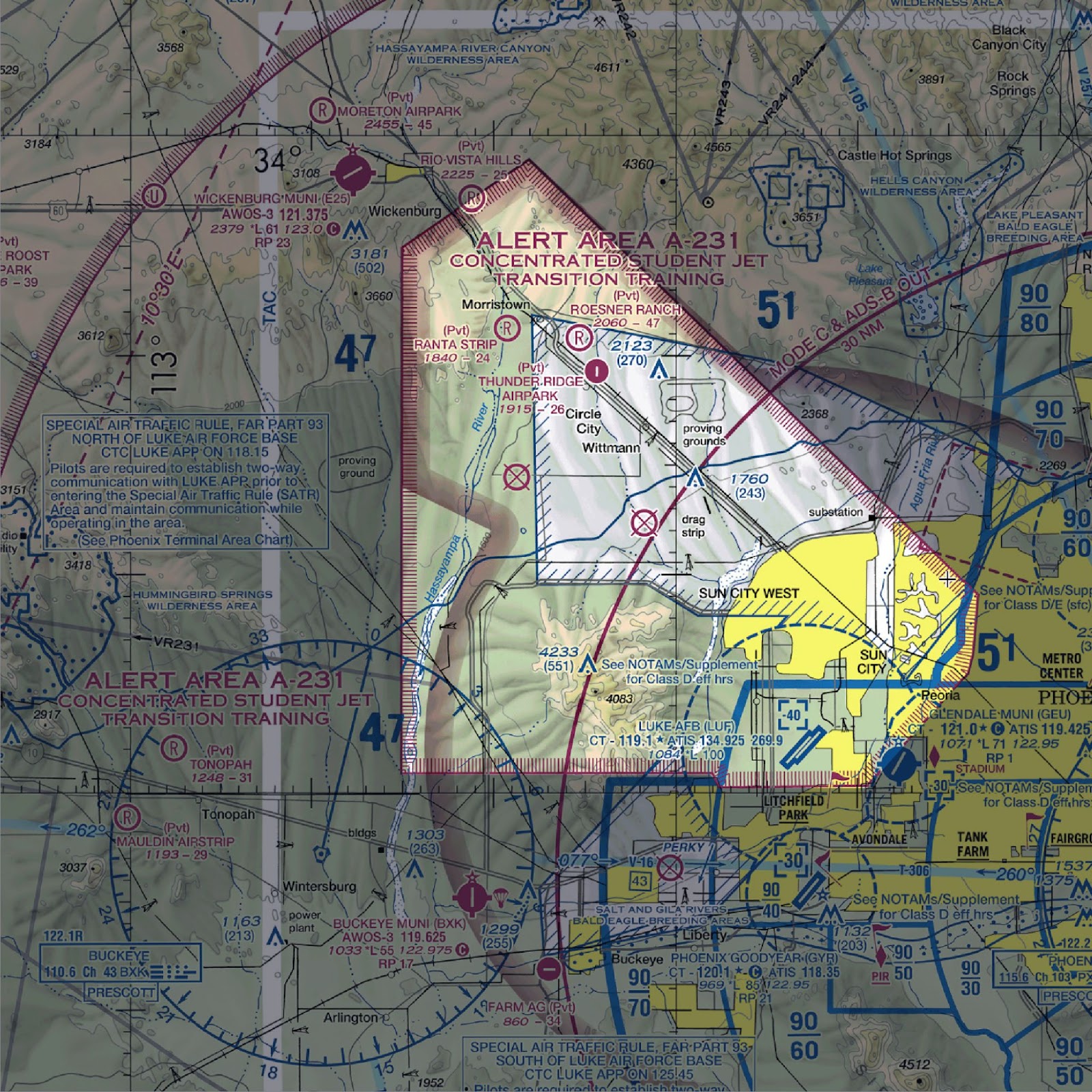 A diagram depicting alert area airspace on a sectional chart.