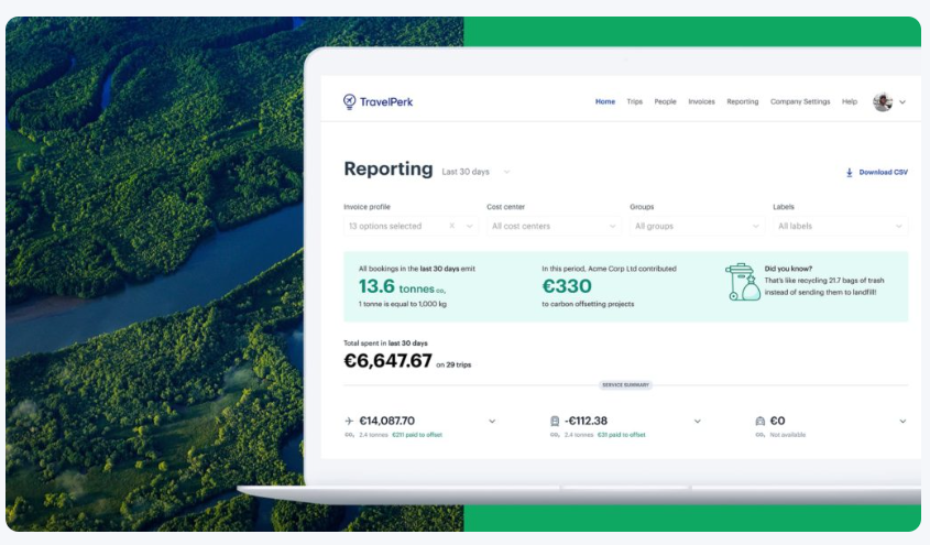 TravelPerk includes sustainability data in its analytics to help businesses meet carbon reduction targets.