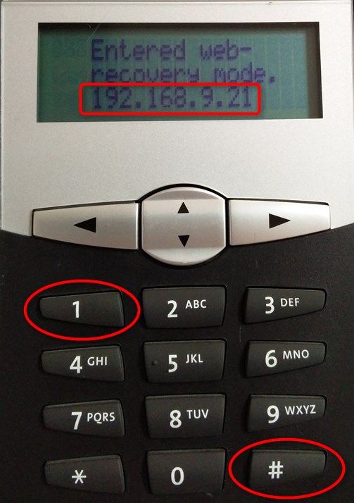 Удерживая клавиши "1" и "#" подключите к телефону блок питания. Телефон загрузится и перейдет в режим Web Recovery.