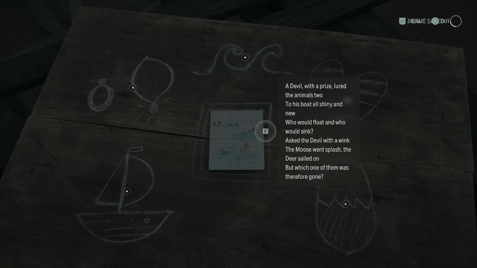 An in game screenshot of the Latte Lagoon nursery rhyme from Alan Wake 2. 