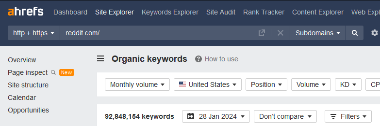 Ahrefs site explorer search results page