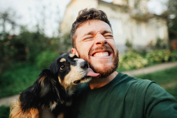 multiple dog owner with dog licking his face