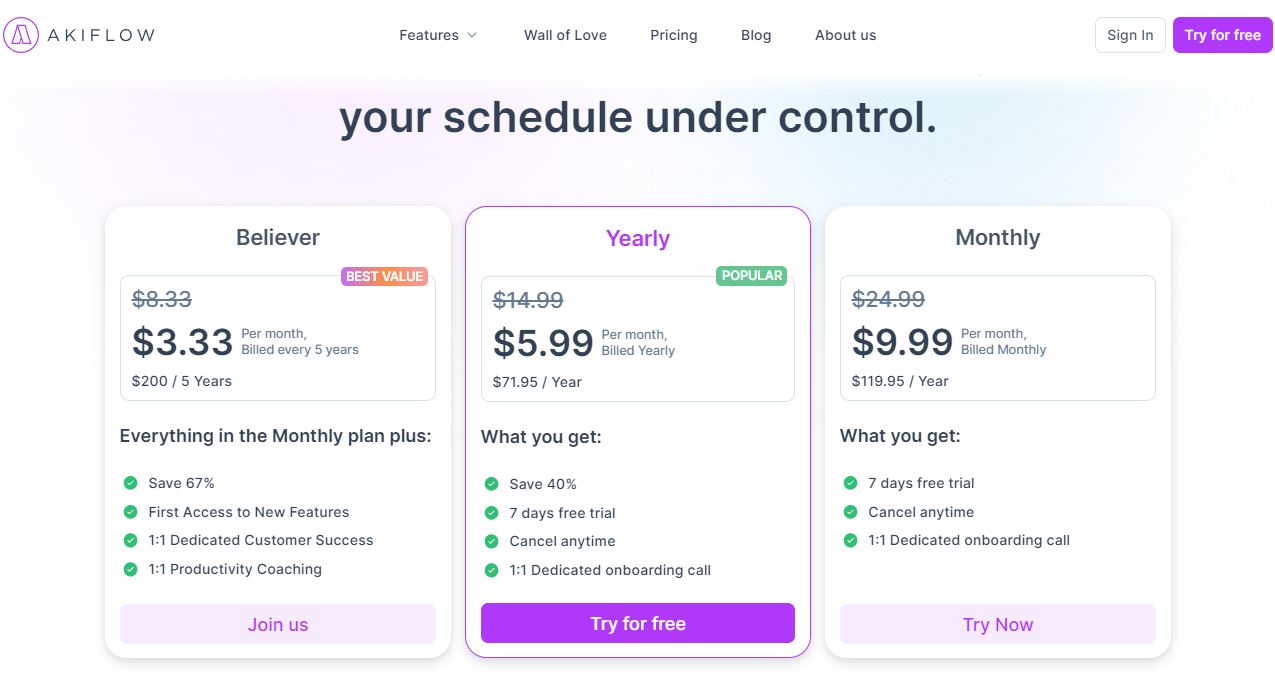 Pricing Plans for Akiflow