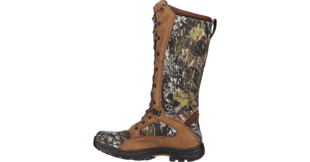 Product photo of the Rocky Prolight Hunting Waterproof Snake Boot, camo print with leather lining on ides and around lace eyelets.