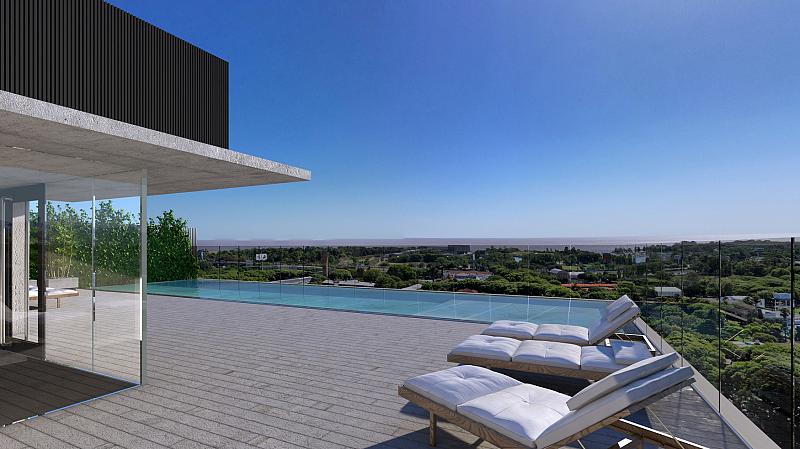 Render de la terraza de un lujoso edificio con pileta, solarium y vistas al río en Núñez. 