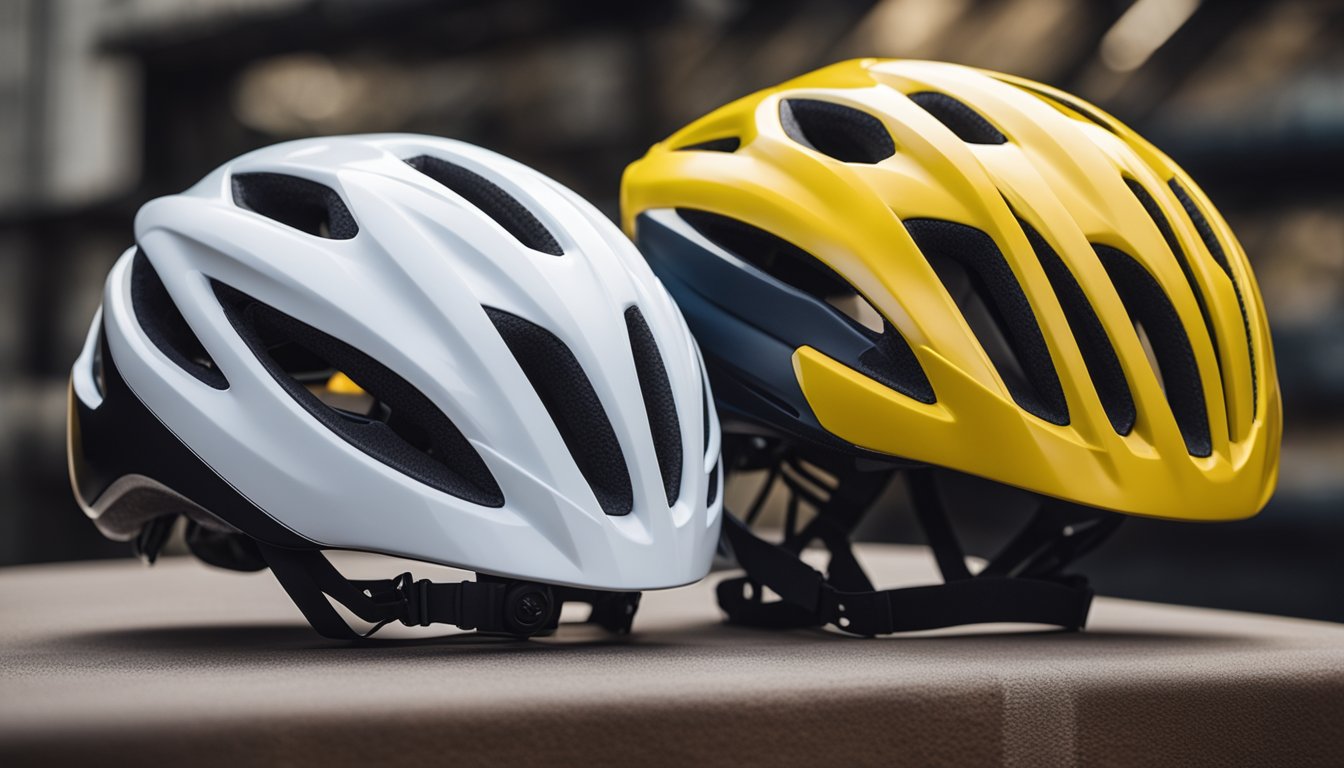 A road bike helmet and an MTB helmet sit side by side, each adorned with safety certifications and standards labels