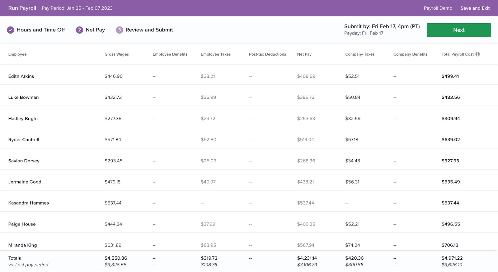 Screenshot of the Homebase payroll tool