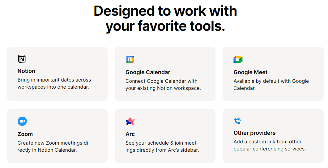 Integrations with Video Conferencing & Calendars for Notion Calendar