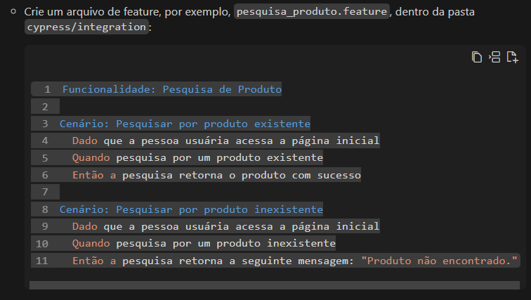 Imagem de parte do resultado gerado pelo StackSpot AI, com orientações sobre a criação de um arquivo de feature no projeto de testes.