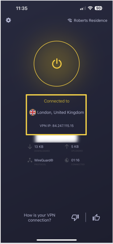 Screenshot of CyberGhost VPN iOS app connected to a London UK server, showing VPN server IP address.