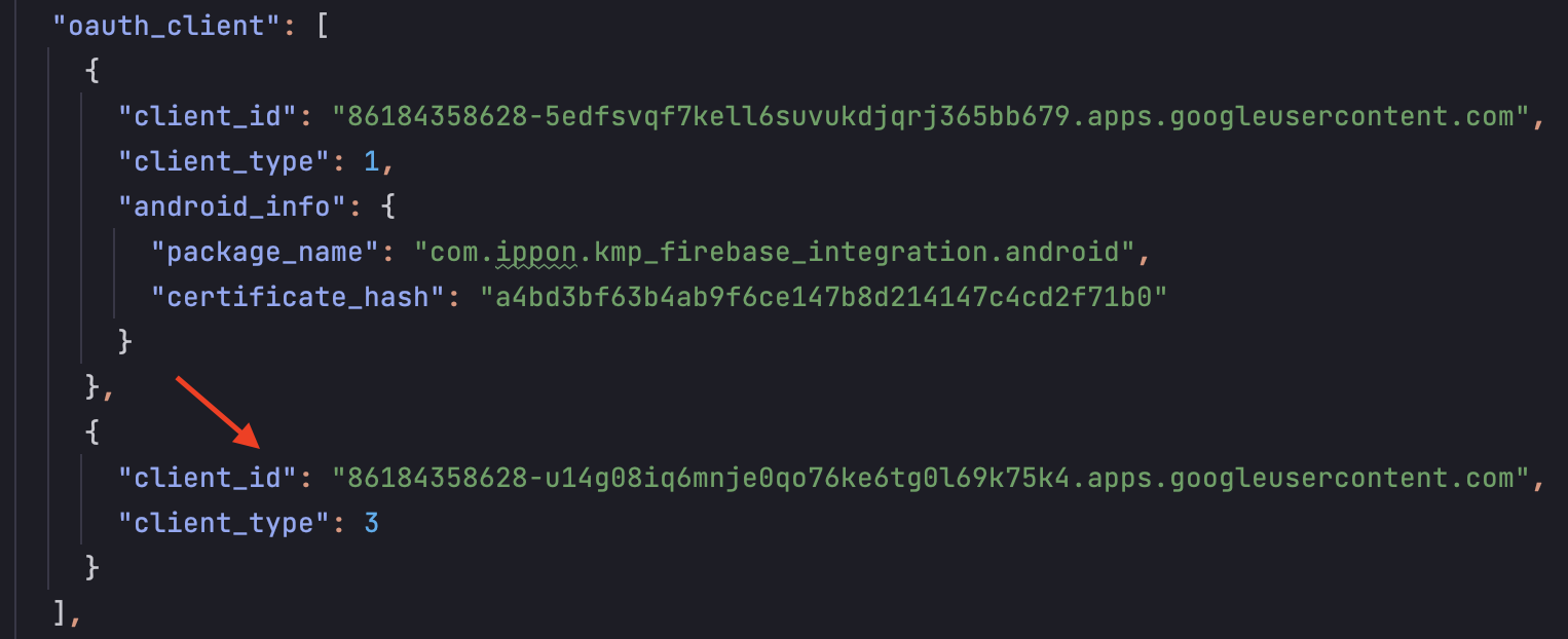 Capture d'écran du fichier google-services.json montrant l'ID client