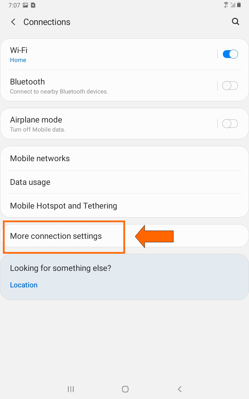 Android Connections menu with More connections settings highlighted.
