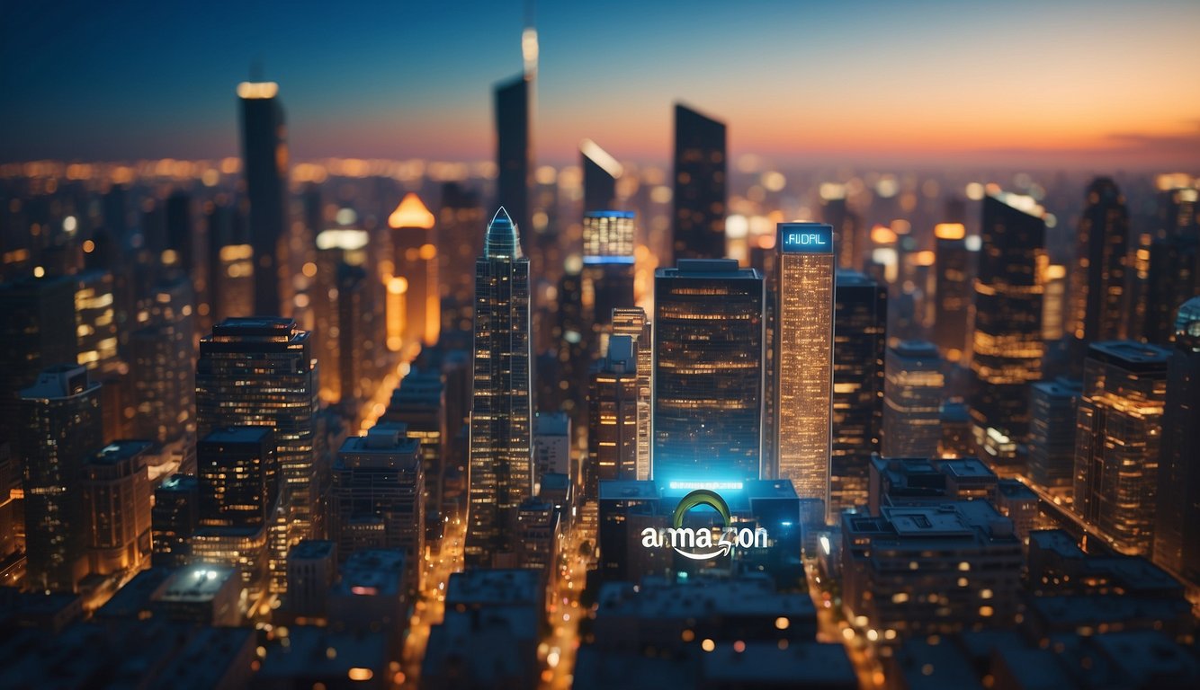 A vibrant, dynamic city skyline with a prominent Amazon logo displayed on a towering building, surrounded by smaller businesses benefiting from strategic consulting