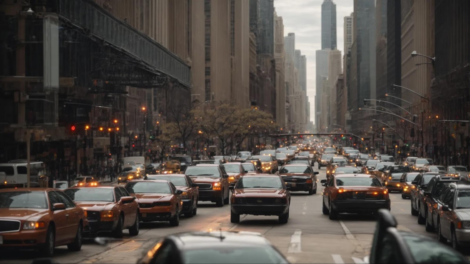 a bustling chicago city street with an uber ride in the midst of heavy traffic.