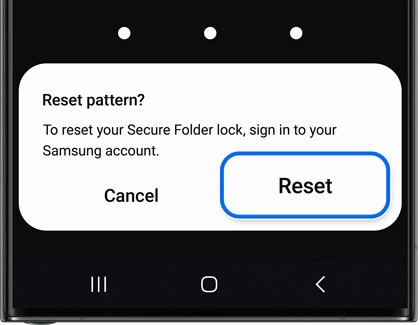 Reset pattern pop-up displayed on a Galaxy phone with the Reset option highlighted
