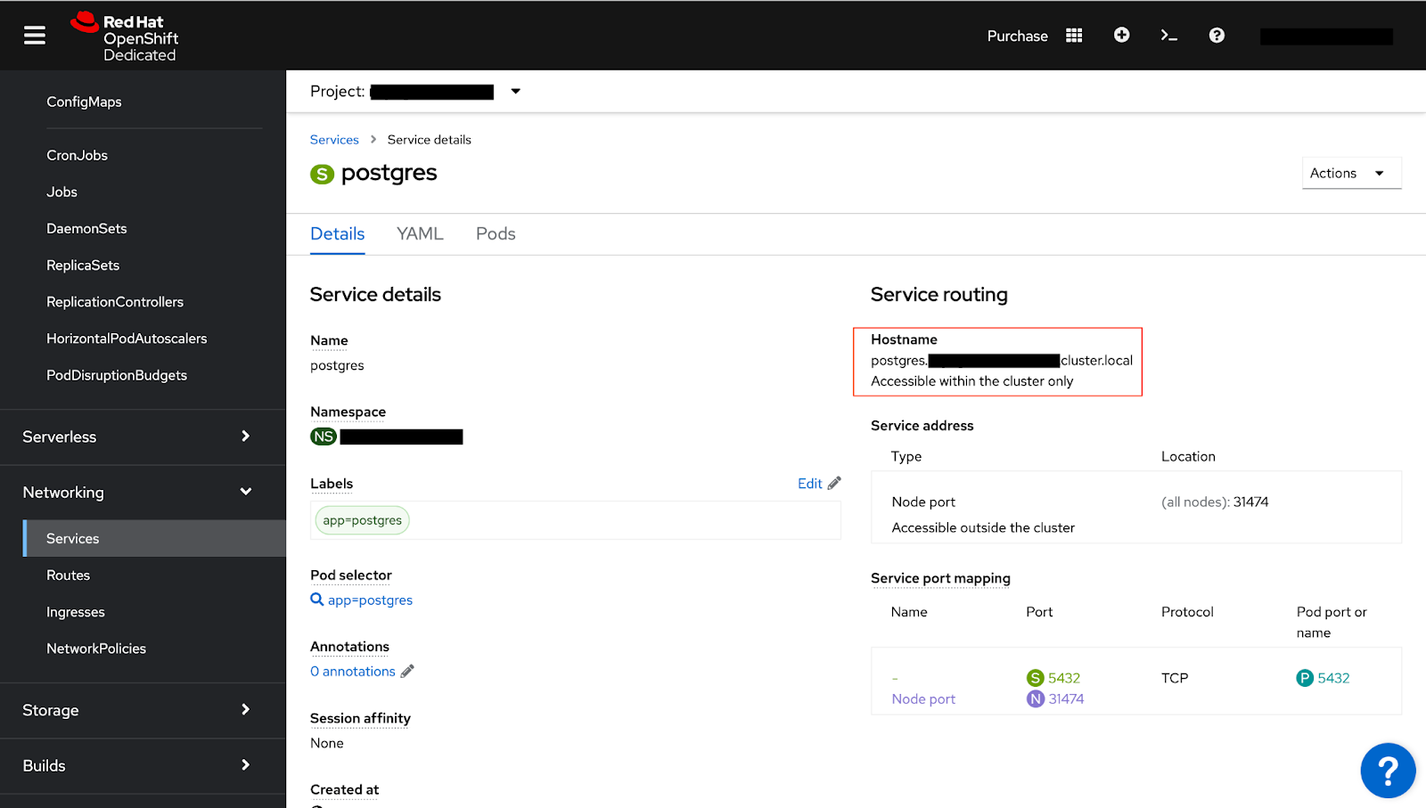 Postgres service details and routing with the hostname.