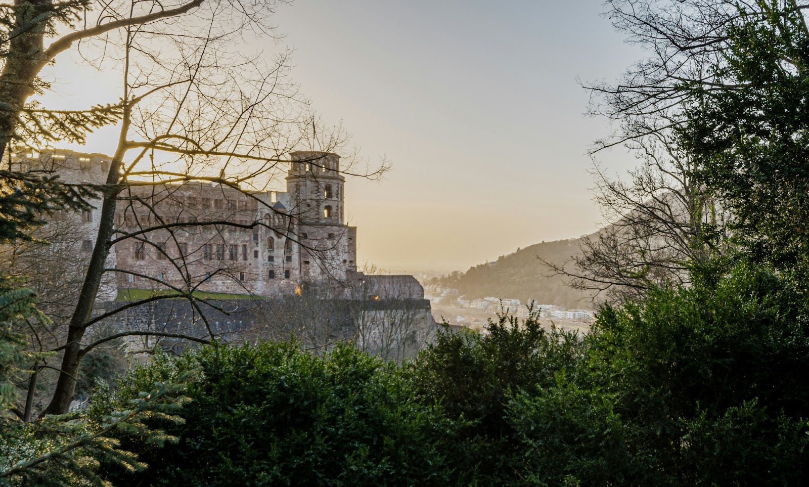 A Panoramic view of Heidelberg Castle overlooking the Neckar River.
