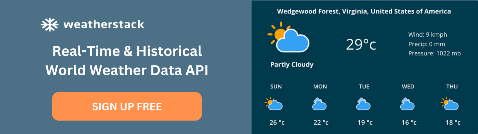 Weatherstack - Real-Time & Historical World Weather Data API - CTA Banner - Sign Up Free