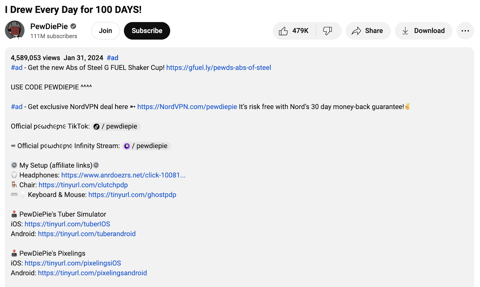 Example for how the content creator PewDiePie uses Affiliate Links on his social media.
