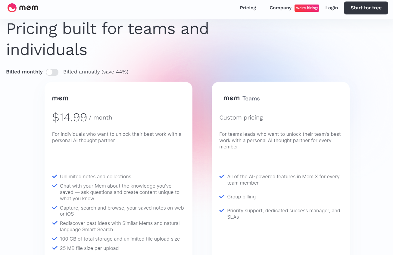 Pricing Plans for Mem