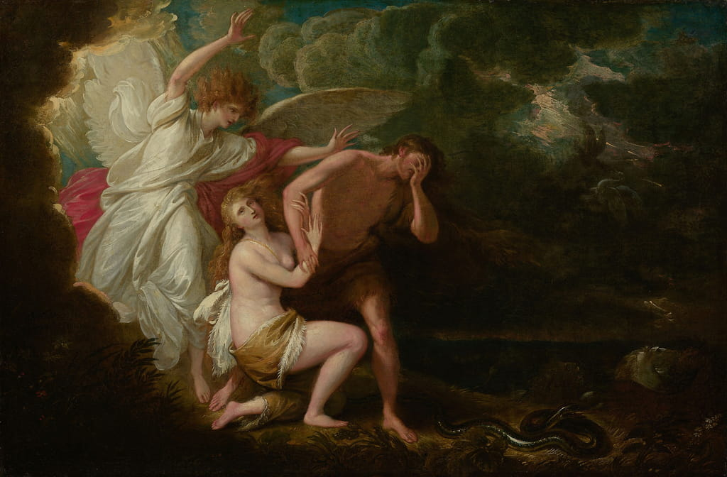 A Expulsão de Adão e Eva, de Benjamin West (1791)

A queda do homem e a serpente.