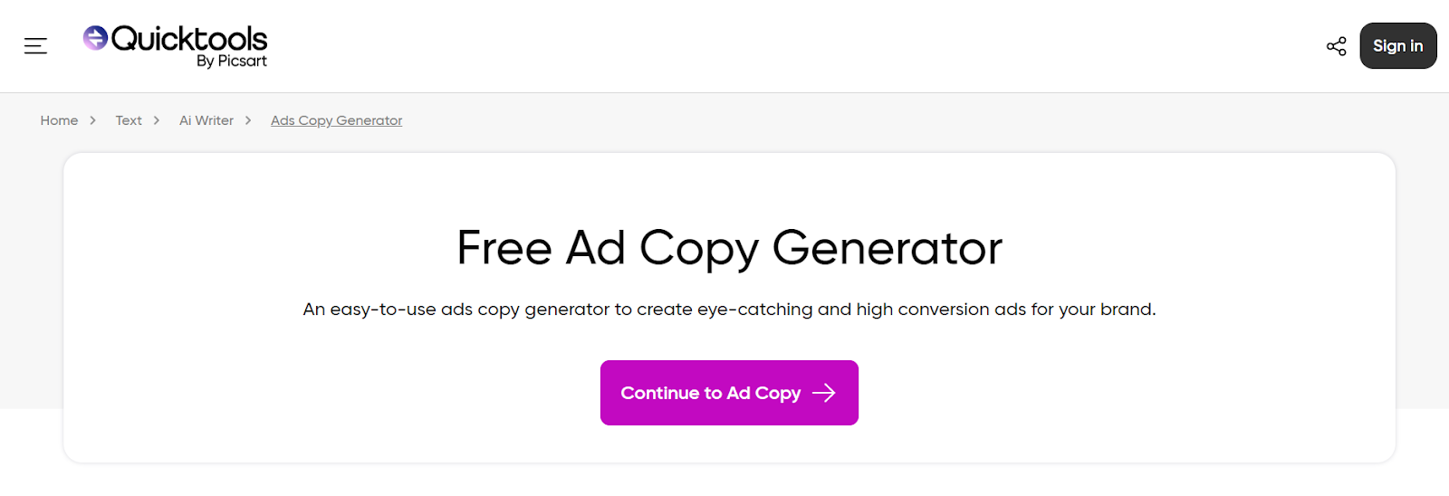 Picsart's Free Ads Copy Generator