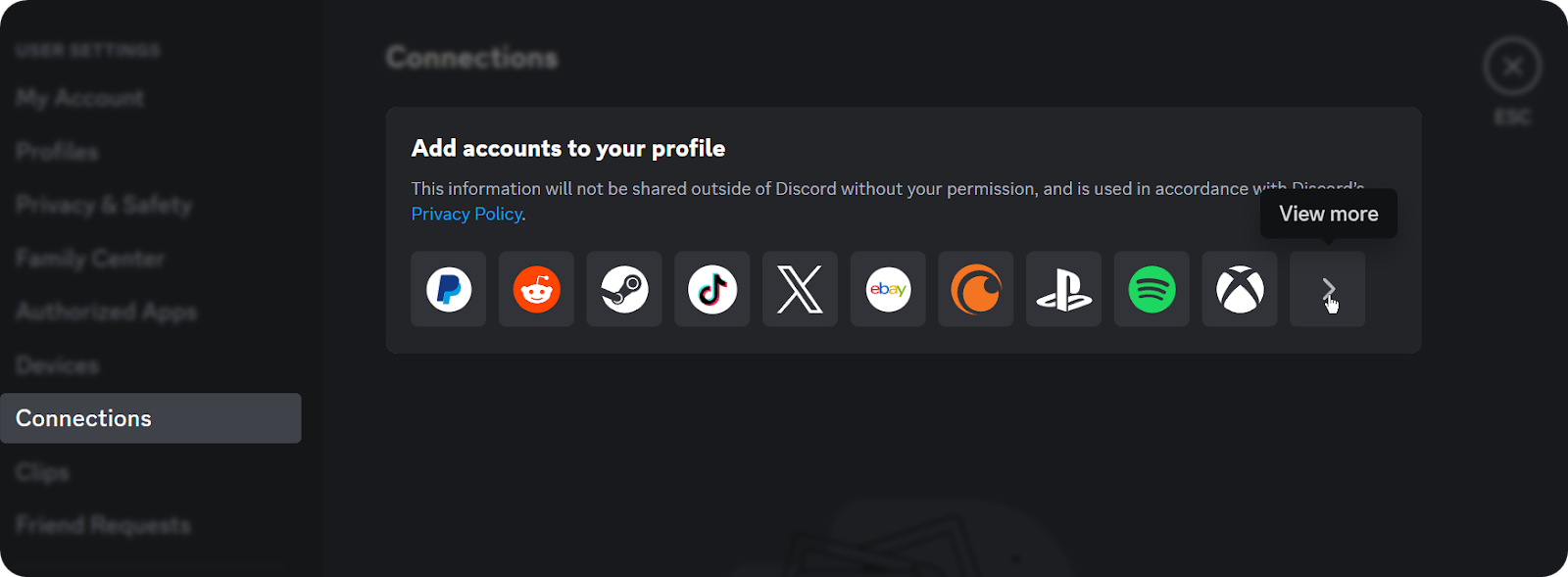 The Connections section of User Settings in Discord