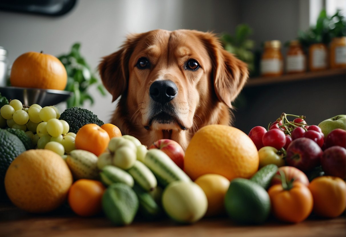 A dog surrounded by fresh fruits, vegetables, and high-quality pet food. A display of innovative pet care products and supplements nearby