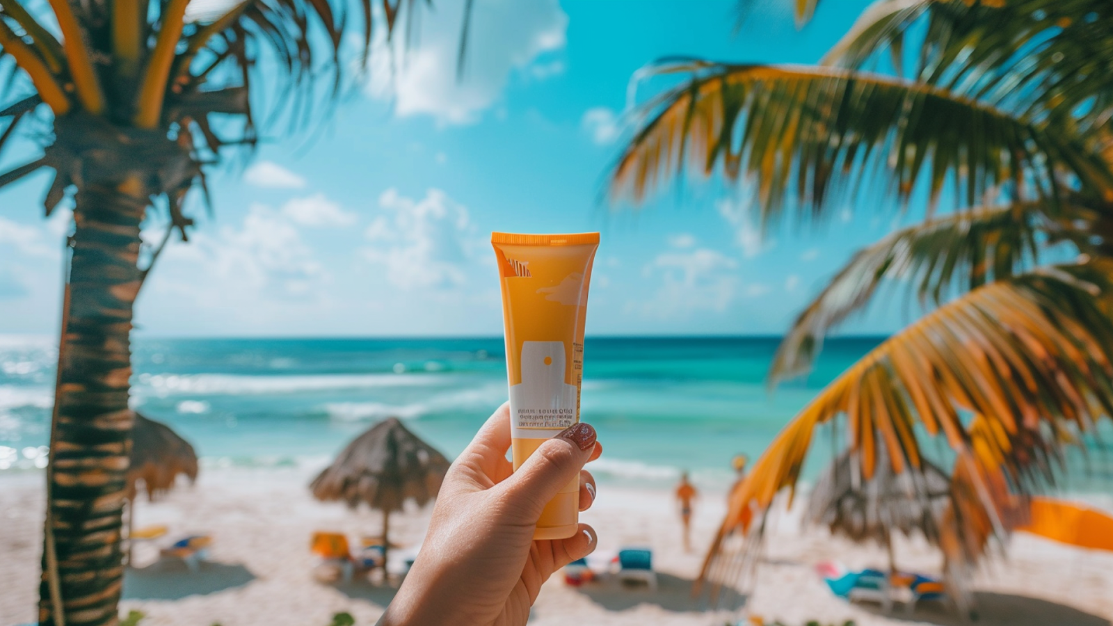 A hand holding a bottle of sunscreen on the beach.