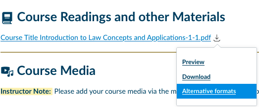 A screenshot of the Canvas Course Materials Page focused on the Course Readings and other materials section. There is a linked document with the download icon next to it. The download icon is clicked and has a dropdown memu with Preview, Download, and Alternative format options.