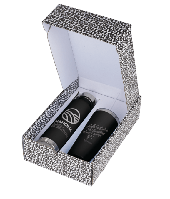 Screenshot of a water bottle and tumbler in a gift box. 