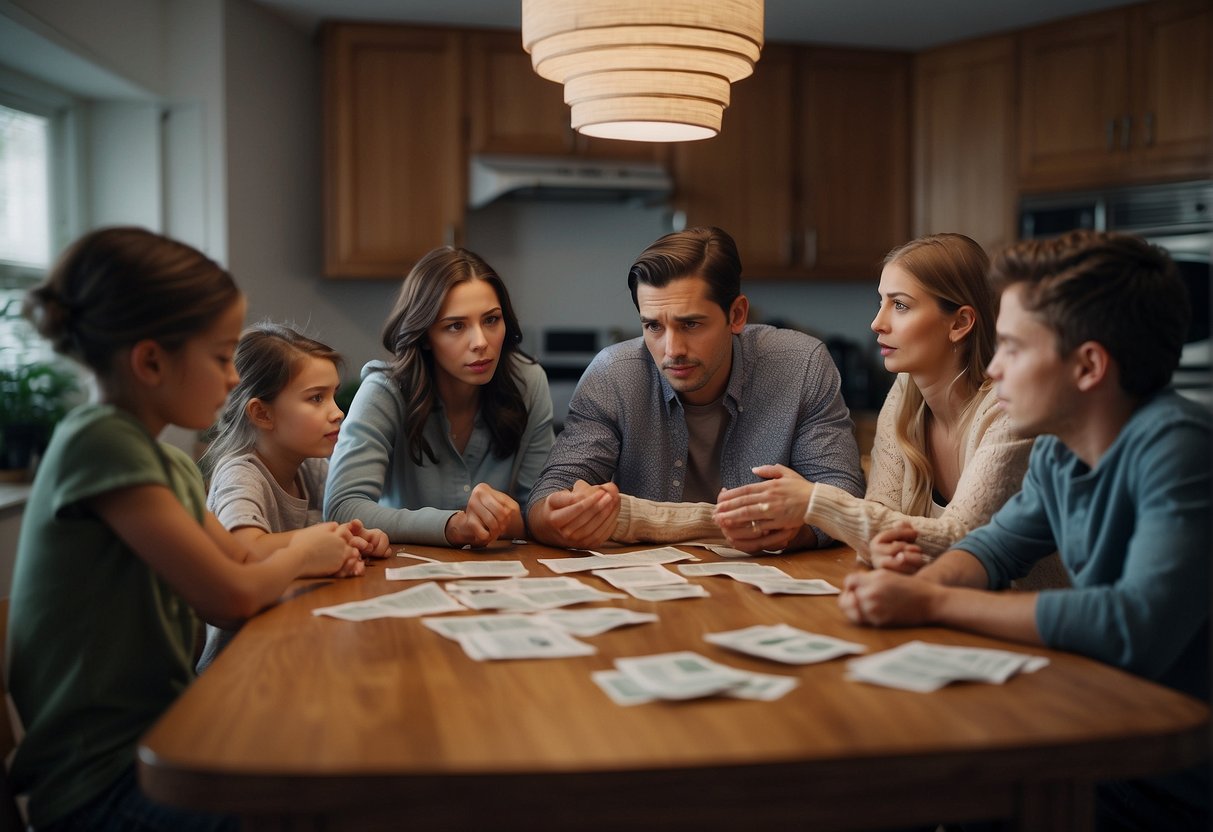Families huddled around a kitchen table, bills spread out in front of them. A worried expression on their faces as they try to figure out how to make ends meet