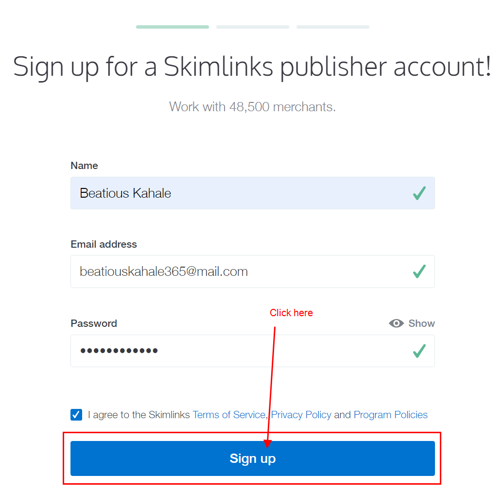 Step by step Skimlinks sign up process step 1