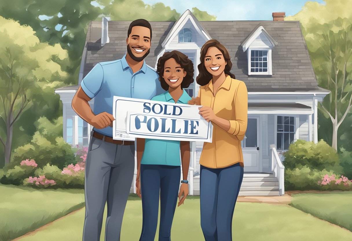 A smiling family stands in front of a "Sold" sign outside a charming North Carolina home, while a confident real estate agent holds a stack of papers and keys