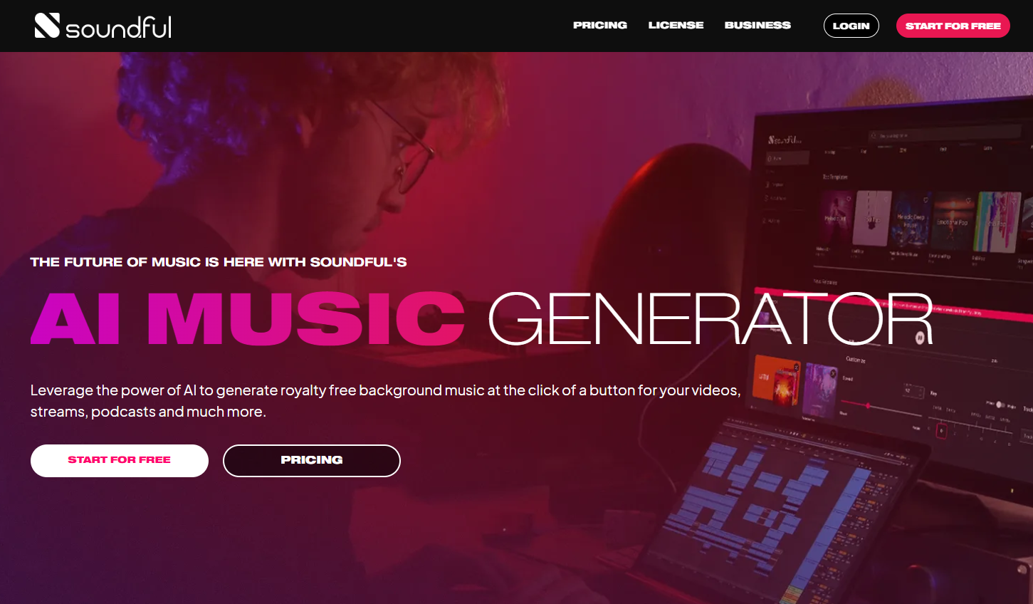 The homepage for the Soundful music generator.