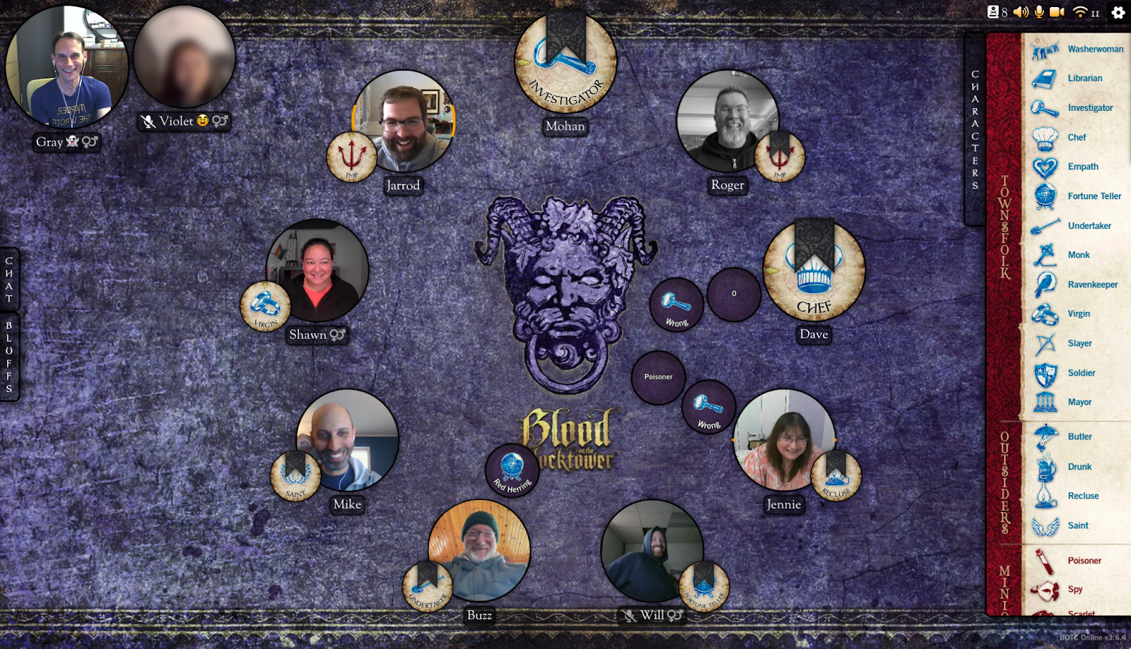 Screenshot of individual avatars of people playing an online game called Blood on the Clocktower, with an illustrated door knocker in the center.