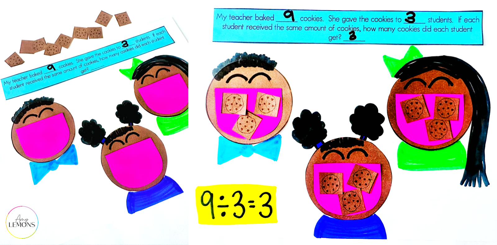 Students model division situations with kids faces with open mouths and cookie paper templates.